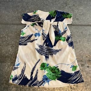 Vintage 70s Retro Floral Tie S/S Top Blouse Shirt White Blue Green Womens Small